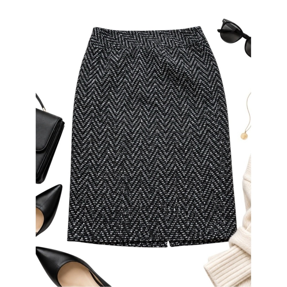 Grace Wool Blend Herringbone Tweed Pencil Skirt Womens 10 Lined Career Midi EUC